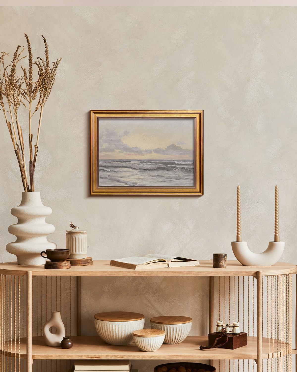 HUARCEY Gold Framed Vintage Wall Art for Living Room, Landscape Painting Prints Shelf Decor for