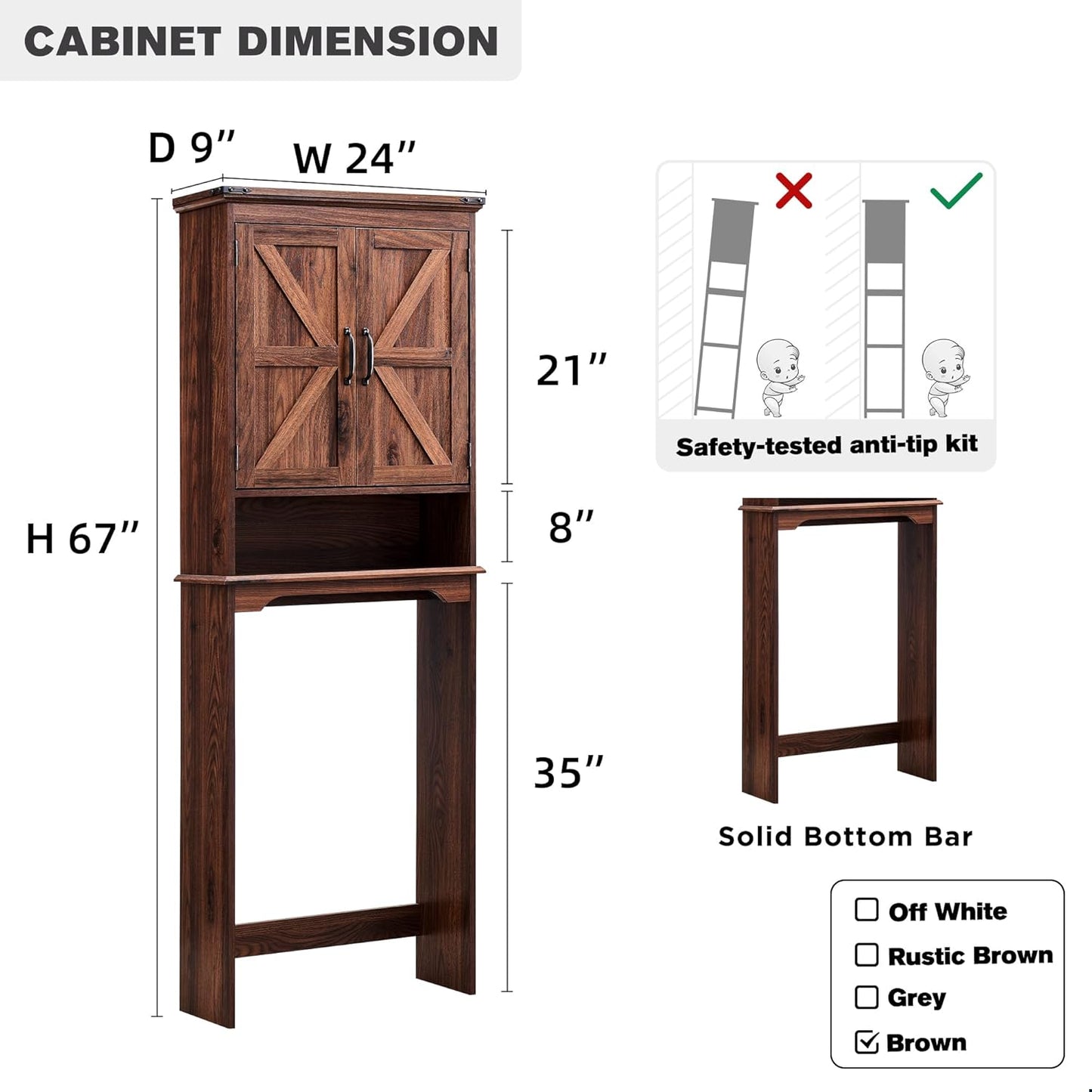 Over The Toilet Storage Cabinet, Farmhouse Bathroom Cabinet with Adjustable Shelf & Barn Door, 67"