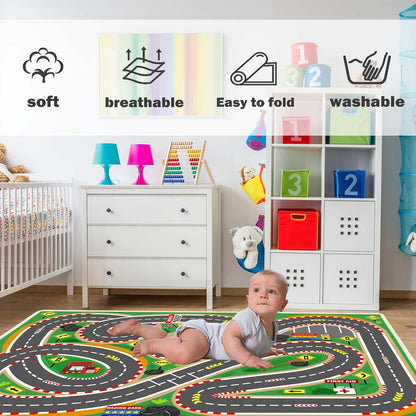Kids Rug Play Mat Playroom Rugs Car Rugs for Kids Toy Cars Race Track for Classroom Rug(Race-Green