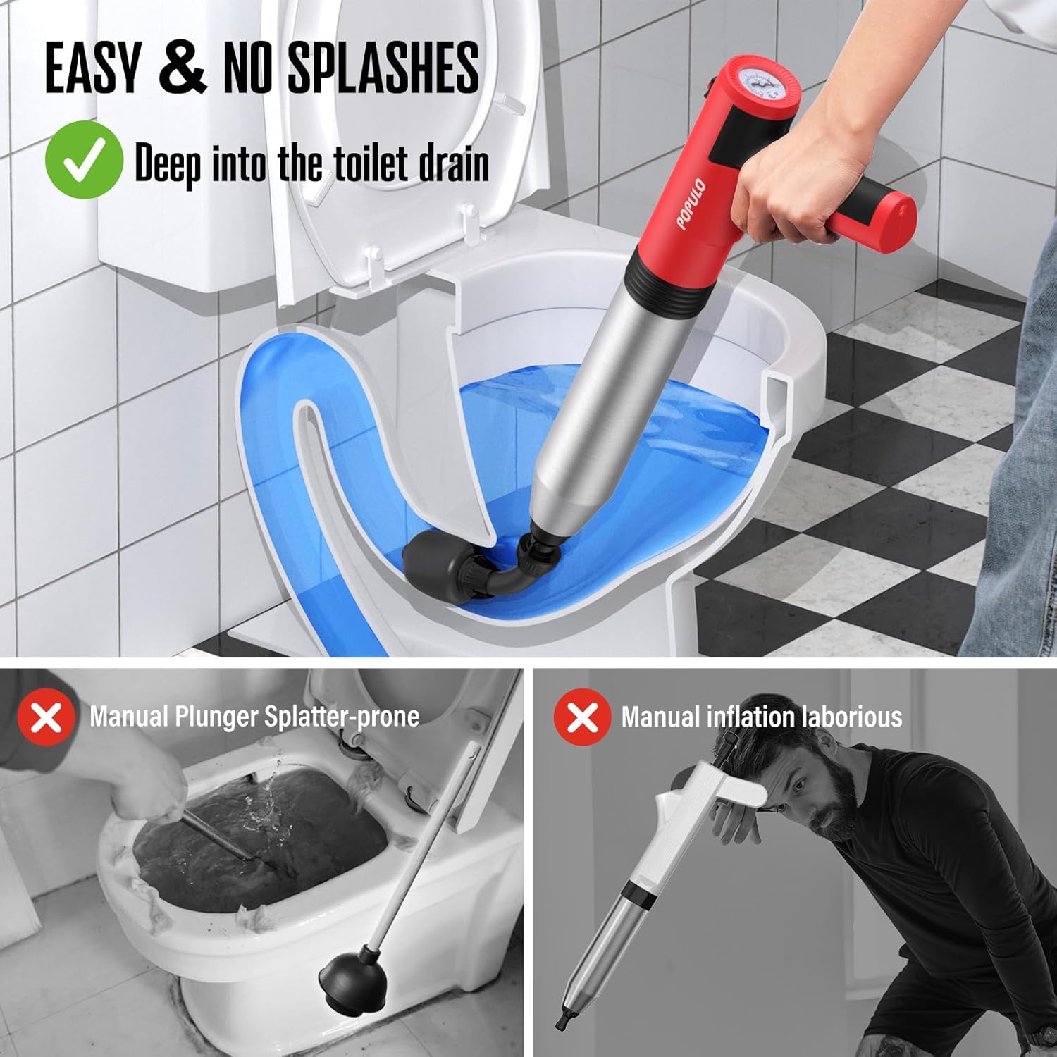 POPULO Electric Toilet Plunger Swift High Pressure Drain Unclogger Plungers for Bathroom, Floors