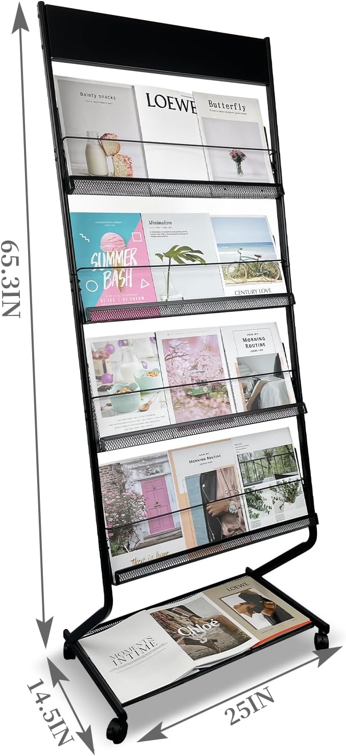 Tongmo Floor-Standing Magazine Rack 4-Layer with Wheels, Brochure Display Stand, High-hardness