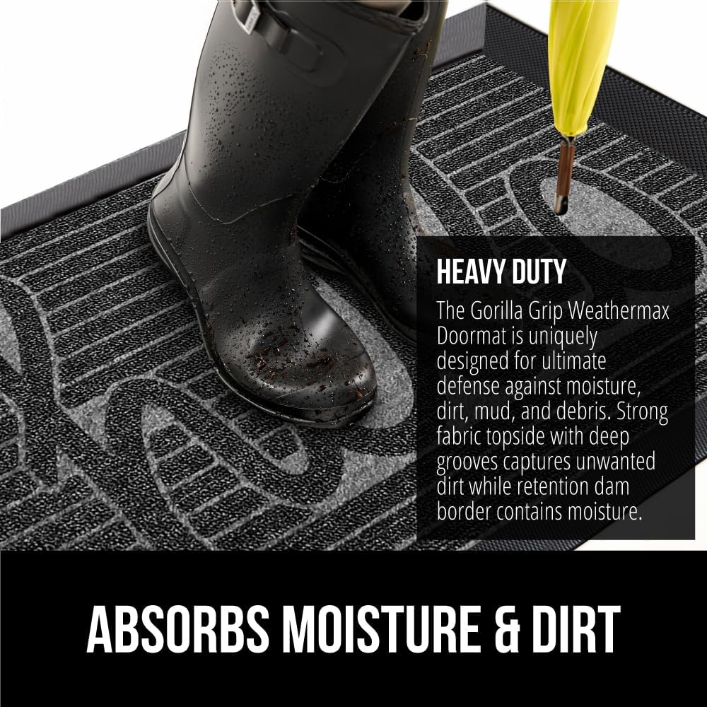 GORILLA GRIP 100% Waterproof All-Season WeatherMax Doormat, US Designed Natural Rubber, Stain and