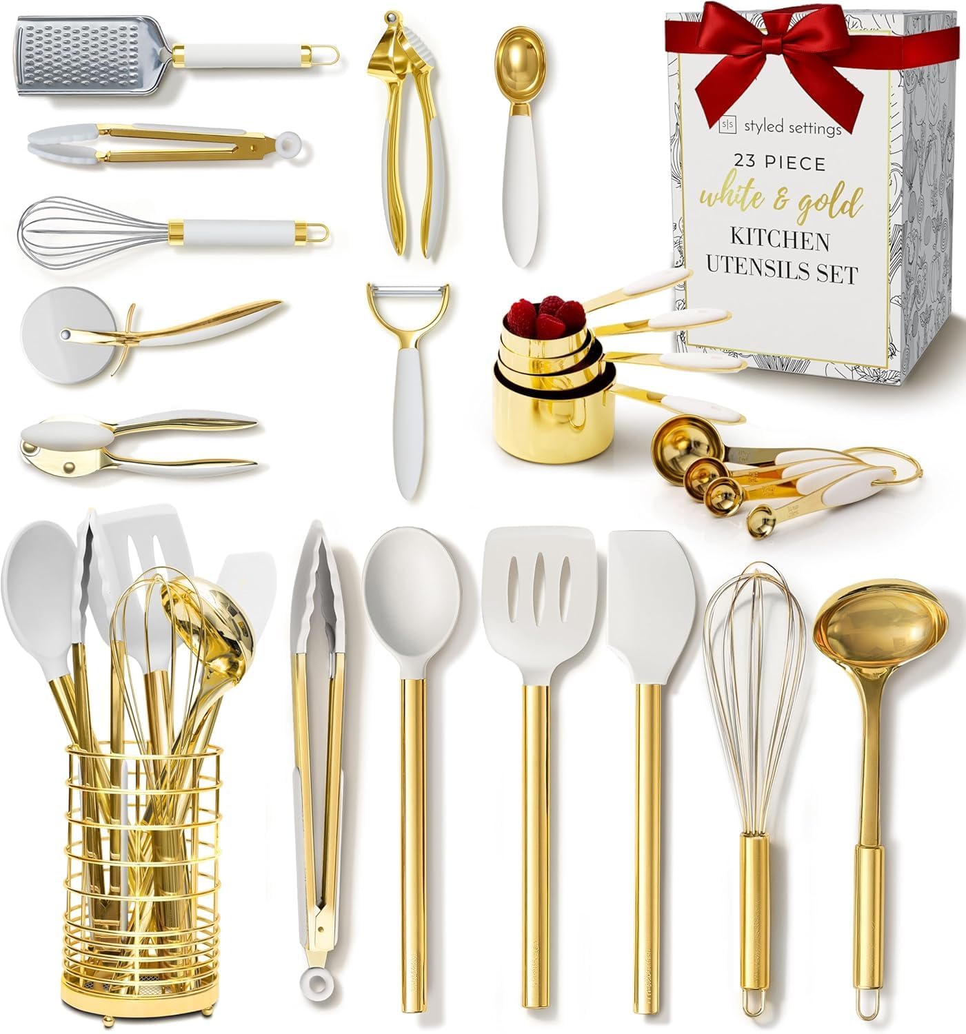 White and Gold Kitchen Utensils Set - 23-Piece Gold Kitchen Accessories Include Measuring Cups and