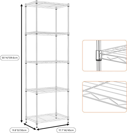 5 Tiers Shelf Metal Storage Shelves Wire Rack Closet Organizers with Wheel for Garage Kitchen