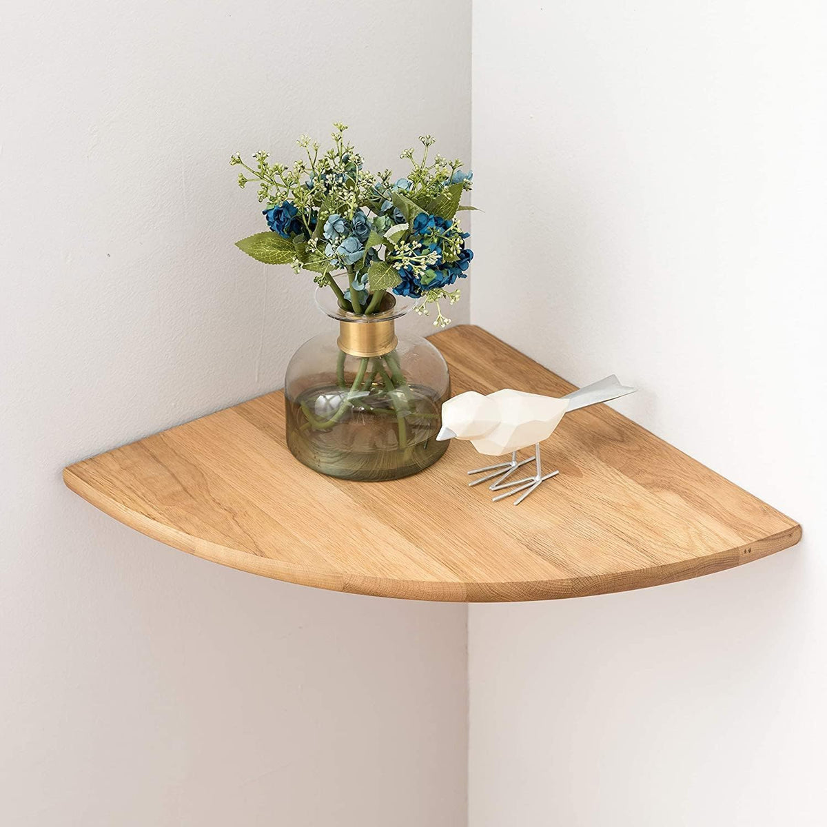 Corner Shelf, Solid Oak Wood Floating Corner Shelf Wall Mount Round End Floating Speaker Shelves