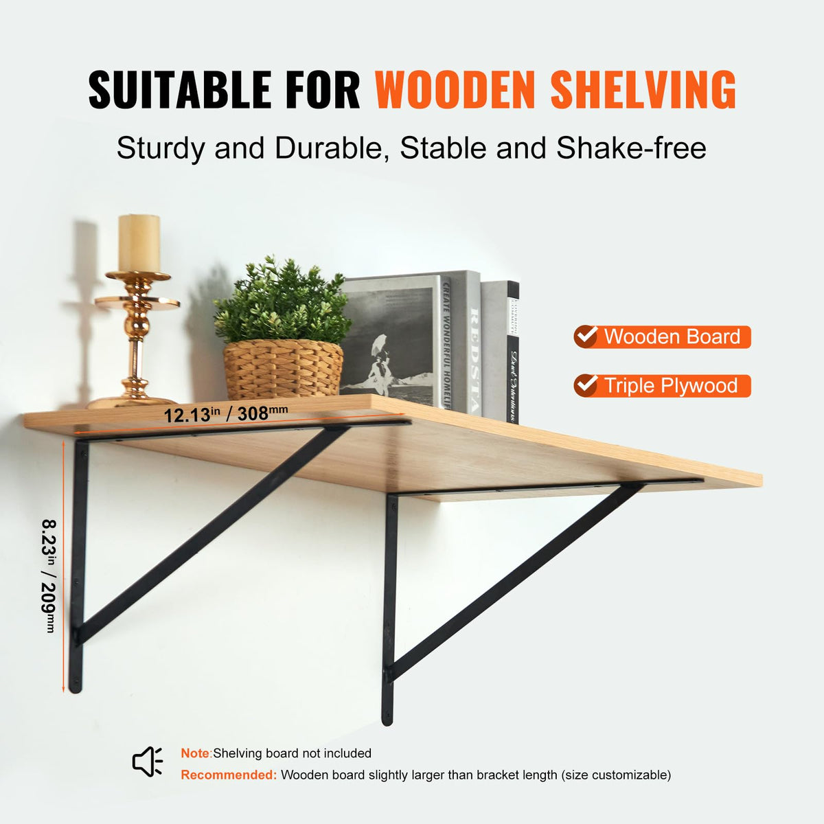 VEVOR Shelf Bracket, 12 x 8 in 10 Pcs, Heavy Duty Floating Shelf Brackets, 3mm Thick Matte Black