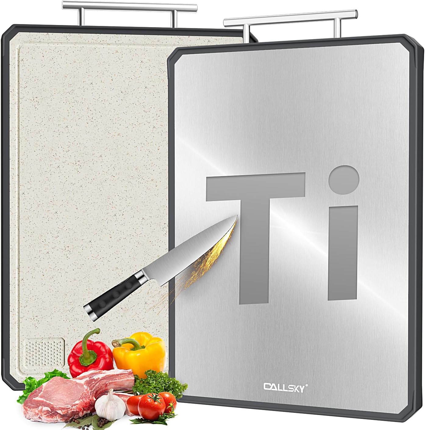 Titanium Cutting Boards for Kitchen, 2 in 1 Titanium Cutting Boards with JUICE GROOVE, Metal