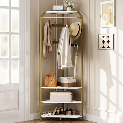 IDEALHOUSE Corner Coat Rack With Shoe Bench and 6 Double Hooks, Corner Hall Tree - Clothes Rack