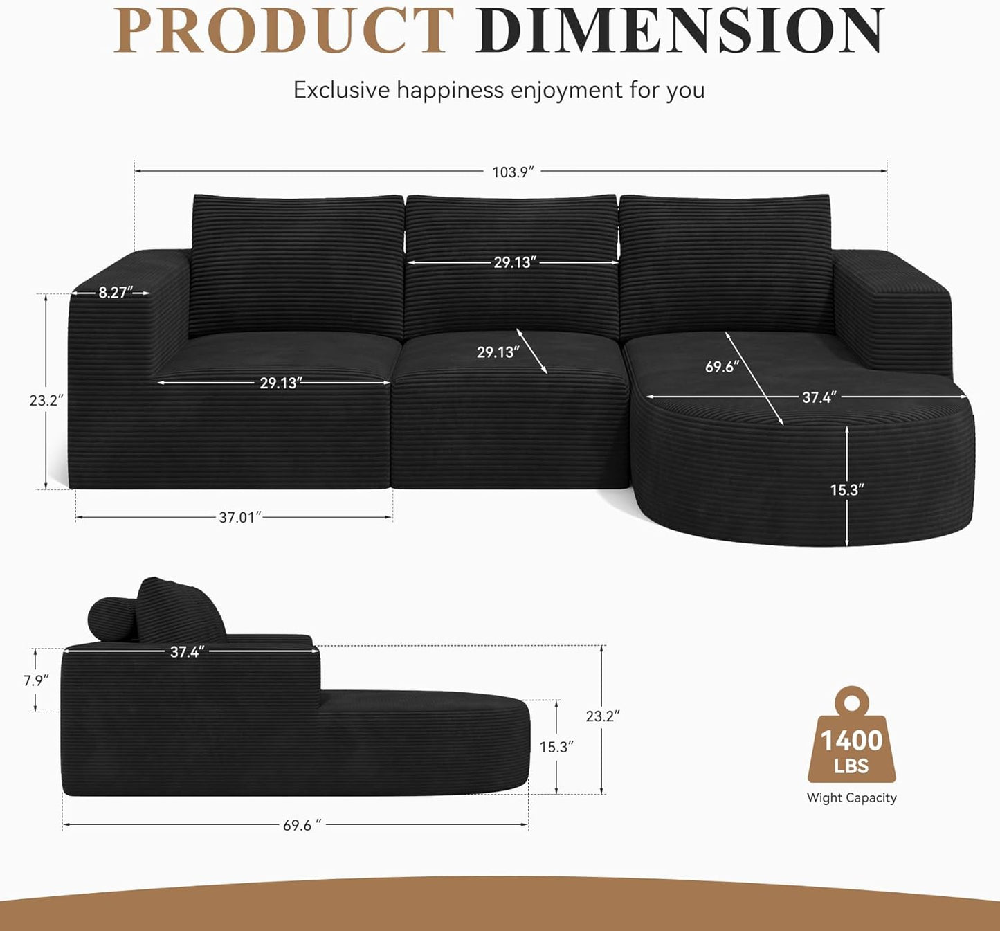 Modular Sectional Sofa with L-Shape Chaise,Cloud Sectional Modern Sleeper Couch with Deep