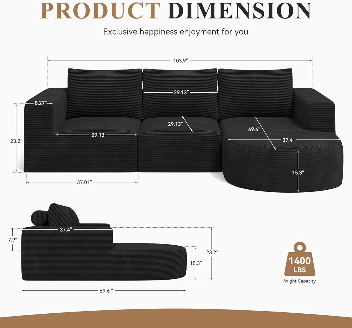 Modular Sectional Sofa with L-Shape Chaise,Cloud Sectional Modern Sleeper Couch with Deep
