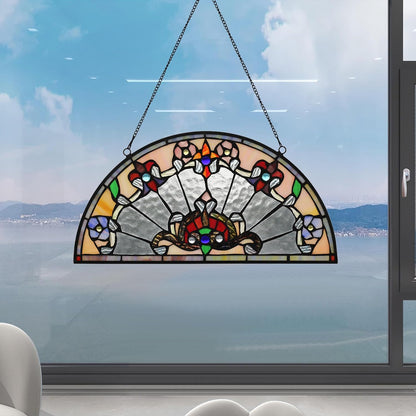 YOURANJU Half Moon Stained Glass Window Hanging Tiffany Style 16" x 8" Half-Round Window Panel