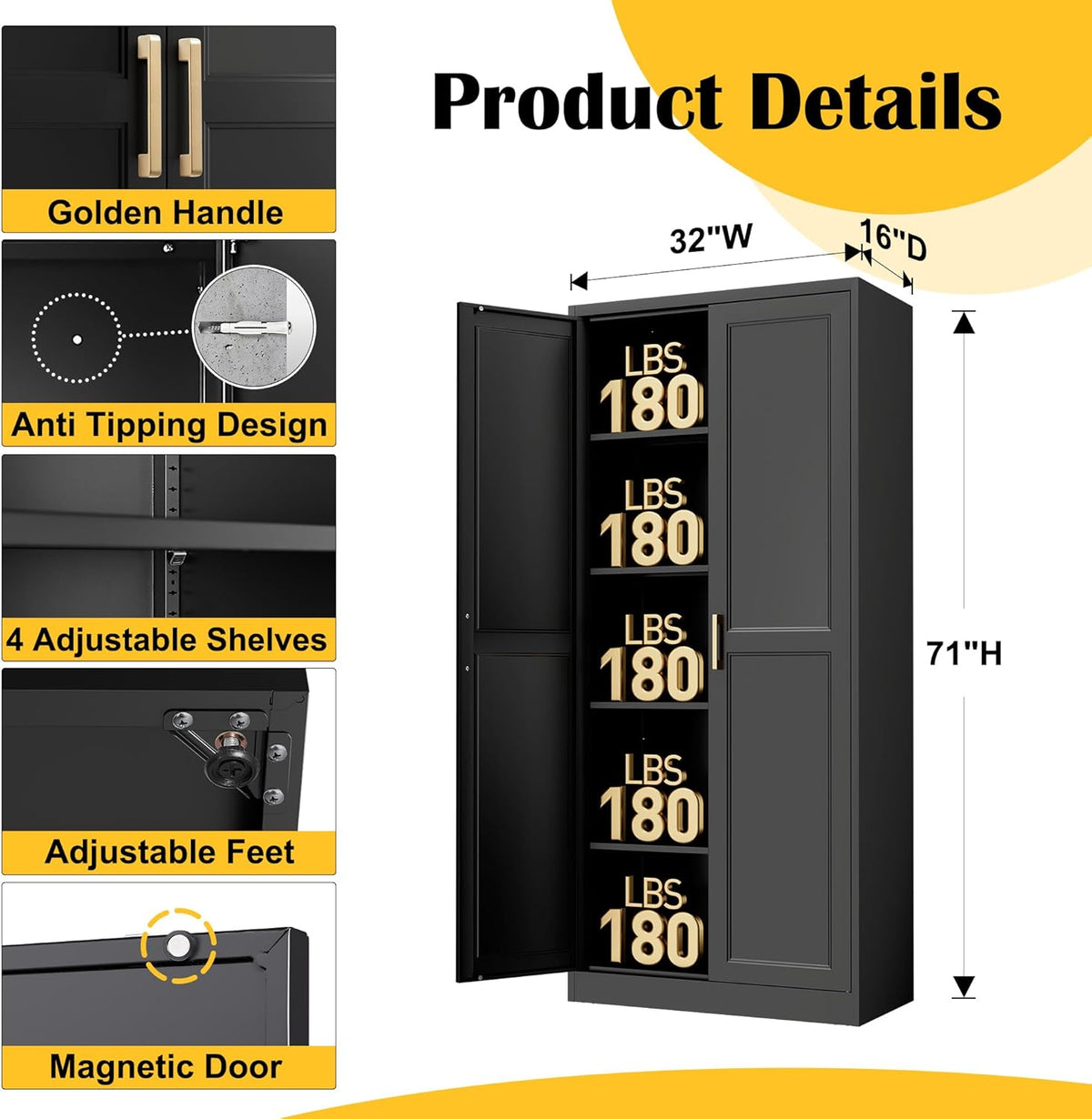 Kitchen Pantry Cabinet,71”Black Metal Pantry Storage Cabinet with Doors and 4 Adjustable