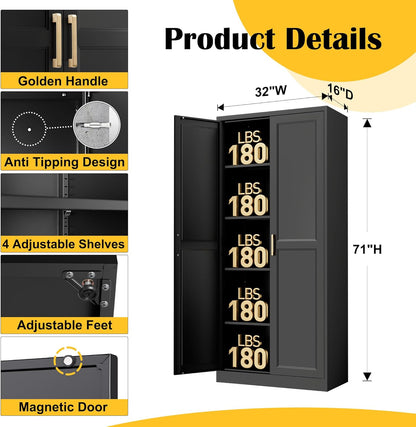 Kitchen Pantry Cabinet,71”Black Metal Pantry Storage Cabinet with Doors and 4 Adjustable