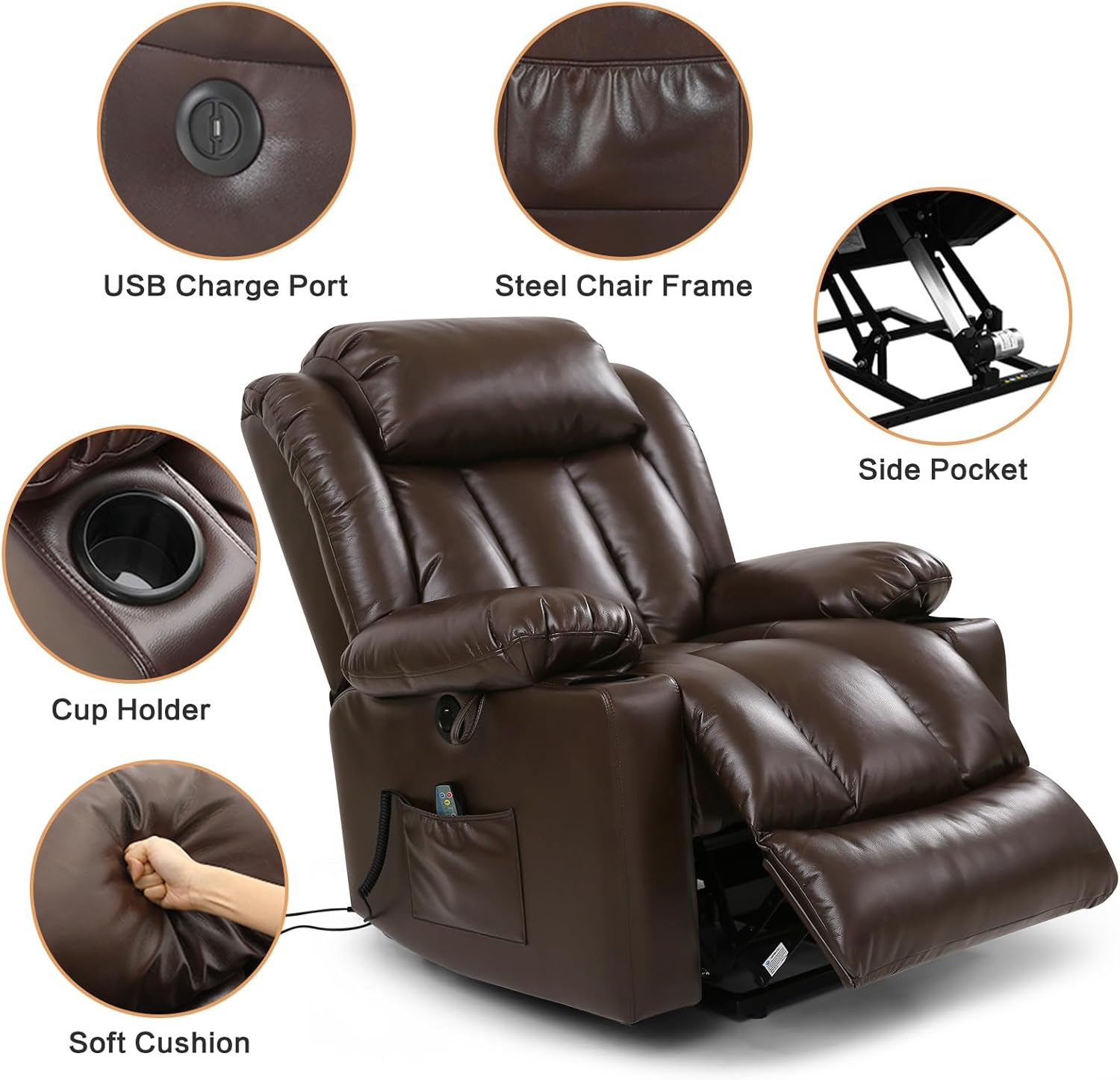 Power Lift Recliner Chair for Elderly Breathable Leather Recliner Chair with Massage and Heat for
