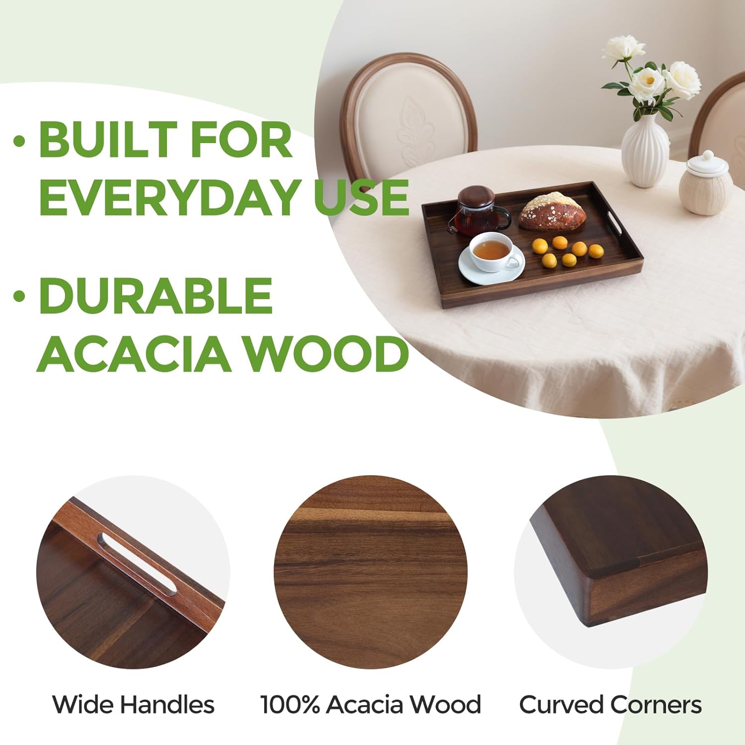 Acacia Wood Serving Tray with Handles, 17 Inch Wooden Tray for Ottoman, Breakfast, Lunch, Dinner