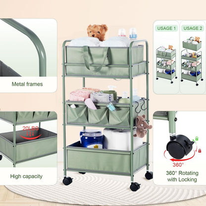 Honeydak 2in1 Baby Diaper Caddy Organizer Cart 3 Tier Large Capacity Metal Utility Bedside Rolling