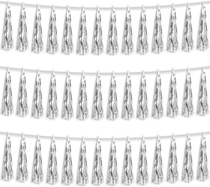 3P Silver Foil Fringe Metallic Tassel Streamers Banner Tassel Garland for Parade Floats