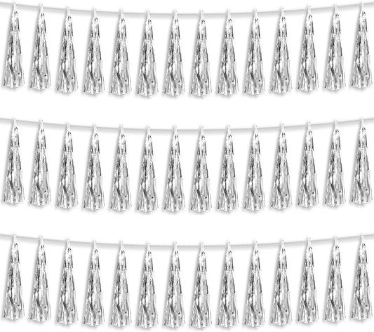 3P Silver Foil Fringe Metallic Tassel Streamers Banner Tassel Garland for Parade Floats