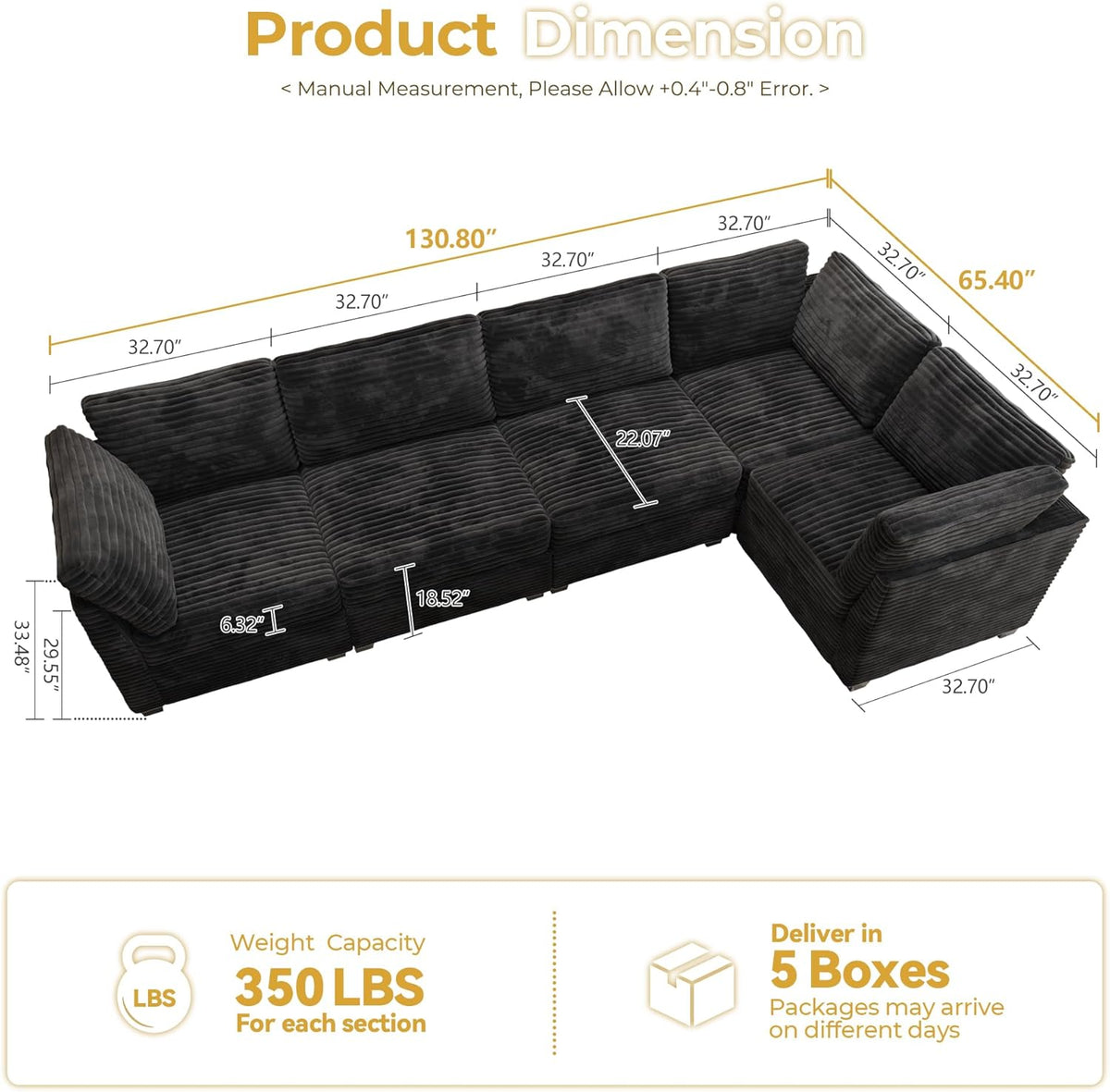 HOOOWOOO Modular Sectional Sofa,5 Pieces Sectional Couches for Living Room,131X66 L Shaped Cloud