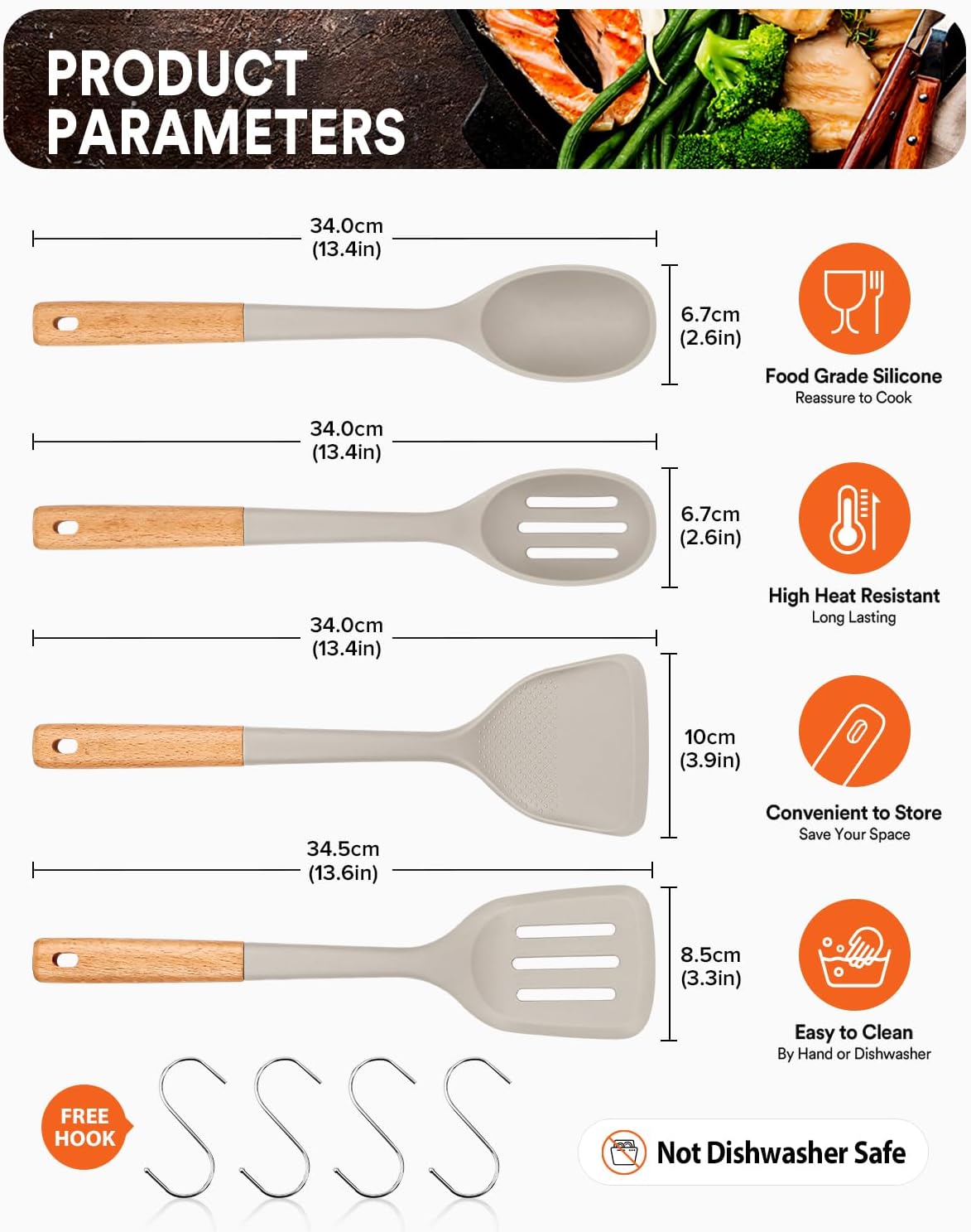 Silicone Cooking Utensils Set, Perfectly Angled for Frying, Mixing,Serving,Draining,Turning and