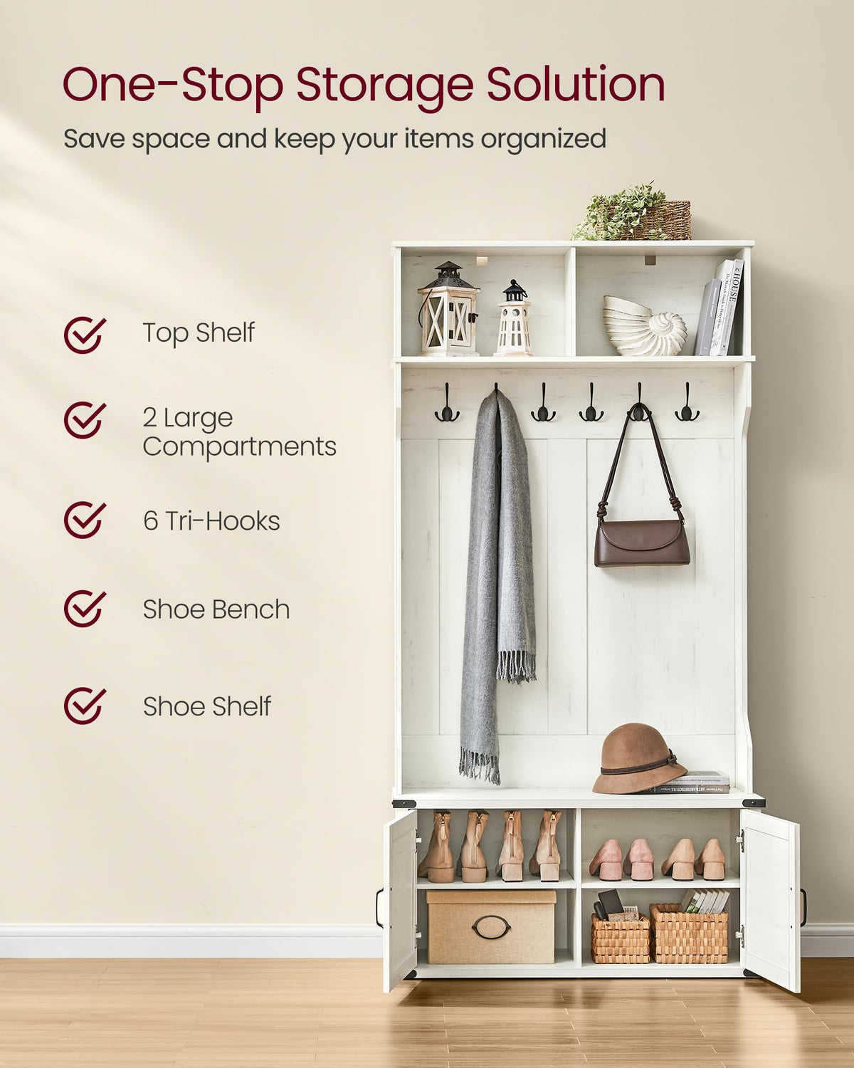 VASAGLE Hall Tree with Bench and Shoe Storage, Coat Rack with Shoe Bench, Shoe Cabinet, 2 Open