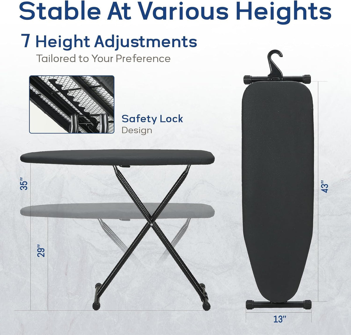 Ironing Board 43x13 with Iron Rest, RAINHOL Compact Iron Board Full Size with Thick Cover and Pad