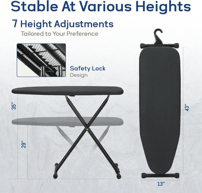 Ironing Board 43x13 with Iron Rest, RAINHOL Compact Iron Board Full Size with Thick Cover and Pad