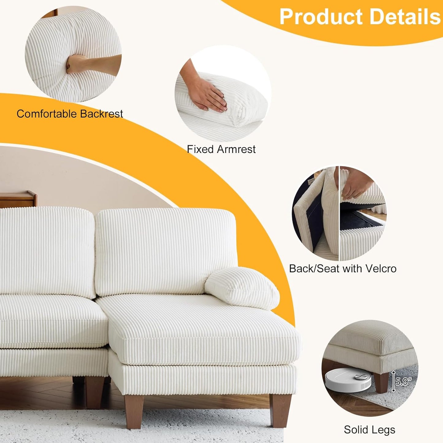 Karl home U-Shape Sectional Sofa Couch 111" Modern 4-Seat Sofa with Chaises Corduroy Fabric