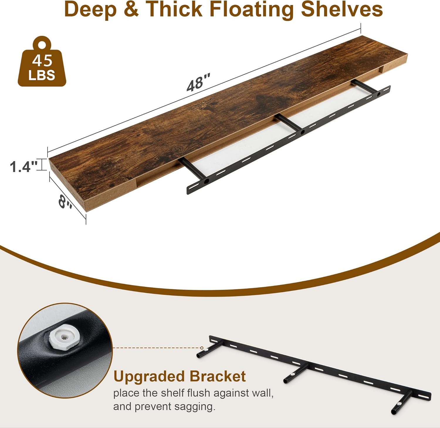 Fun Memories Floating Shelves, 8 Inch Deep Floating Shelves, Rustic Wood Fireplace Mantel 48 in