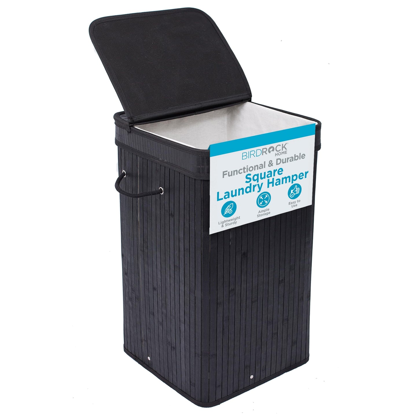 BIRDROCK HOME Square Laundry Hamper with Lid and Cloth Liner, Medium Basket with Soft Handles