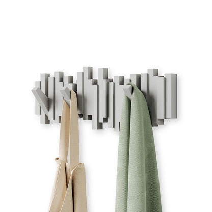 Umbra Sticks Wall Mount Coat Rack, 5 Hook Retractable Pegs, Grey