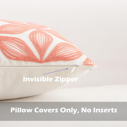 HWY 50 Coral Pink Decorative Throw Pillow Covers 18x18 Inch (1 Piece), Embroidered Cotton Farmhouse