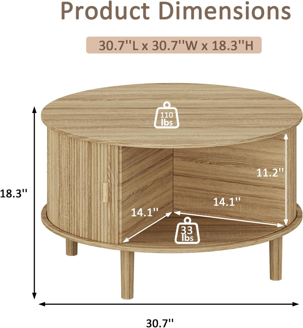 Round Coffee Table with Storage,Fluted Table with 360°Curved Sliding Doors,Solid Wood Legs, Mid