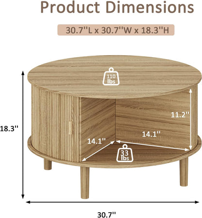 Round Coffee Table with Storage,Fluted Table with 360°Curved Sliding Doors,Solid Wood Legs, Mid