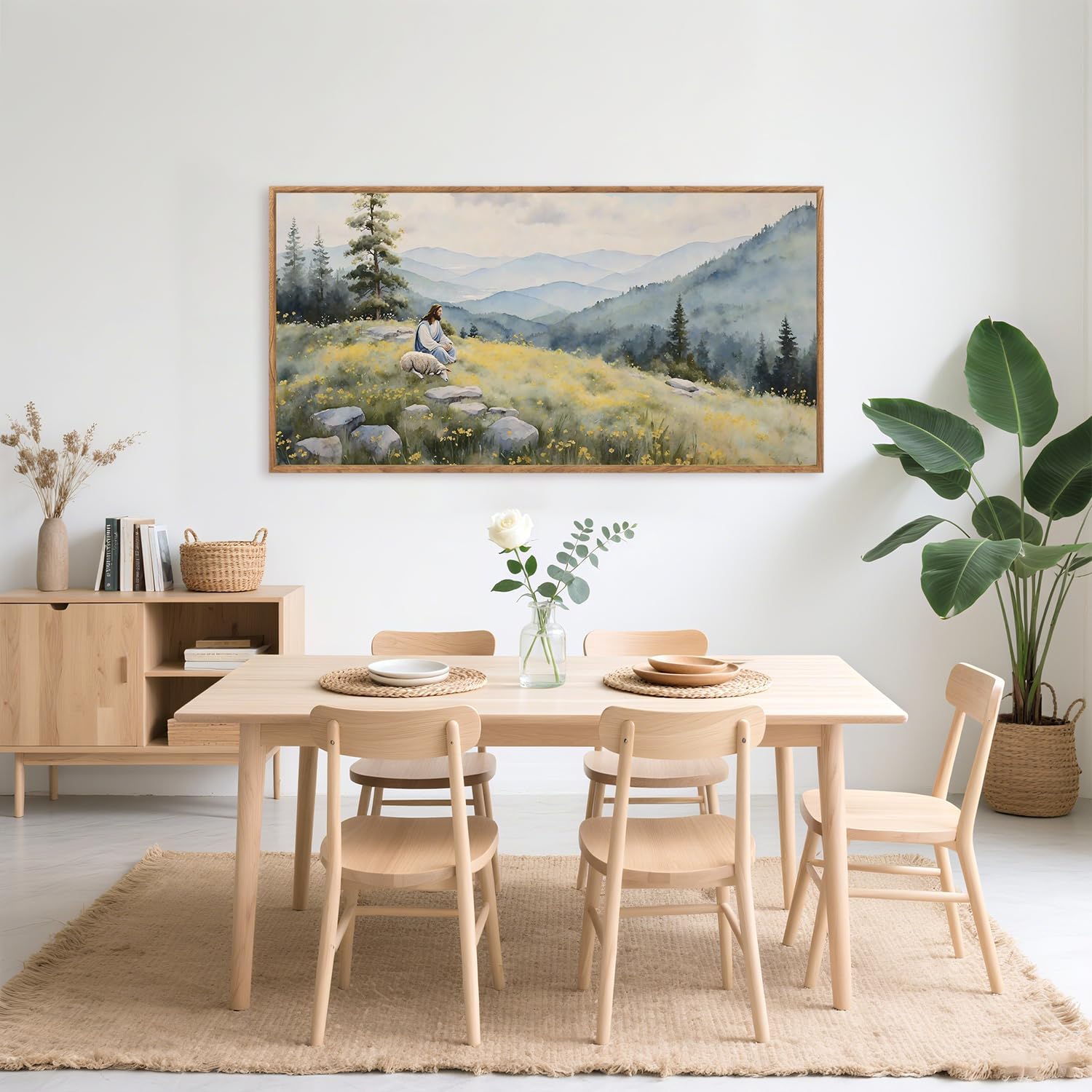 Aurlan Christian Jesus with Lost Sheep Wall Art(40"x20"), Boho Religious Lamb The Good Shepherd