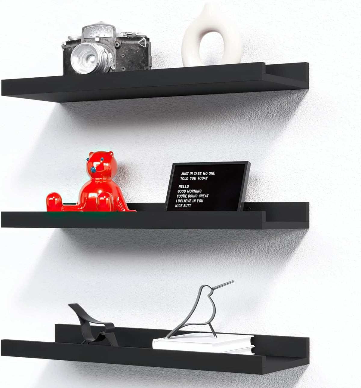 RICHER HOUSE 3 Set Floating Shelves for Wall, Black Wall Mounted Shelves with Lip for Storage