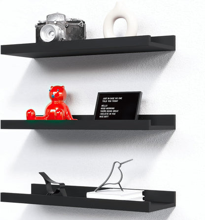 RICHER HOUSE 3 Set Floating Shelves for Wall, Black Wall Mounted Shelves with Lip for Storage