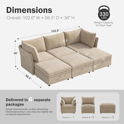 102.6" Luxury Modular Sleeper Sofa Bed 6 Seat Reversible Sectional Couch Deep Seat with Storage