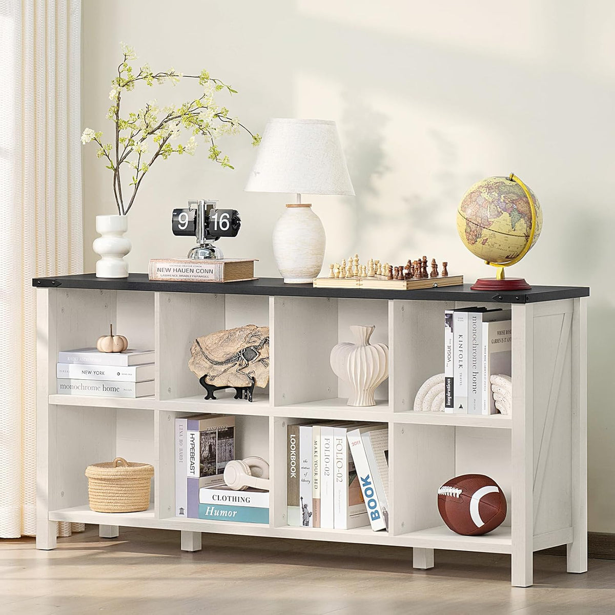 8 Cube Book Shelf, Farmhouse Wood Long Storage Organizer Bookcase, 62" Horizontal Antique White &