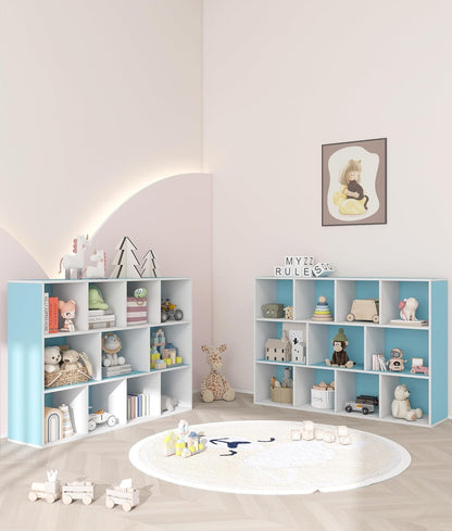 11-Cube Blue Kids Bookshelf and Toy Organizer – Wooden Storage Shelf for Boys Bedroom, Open Cube