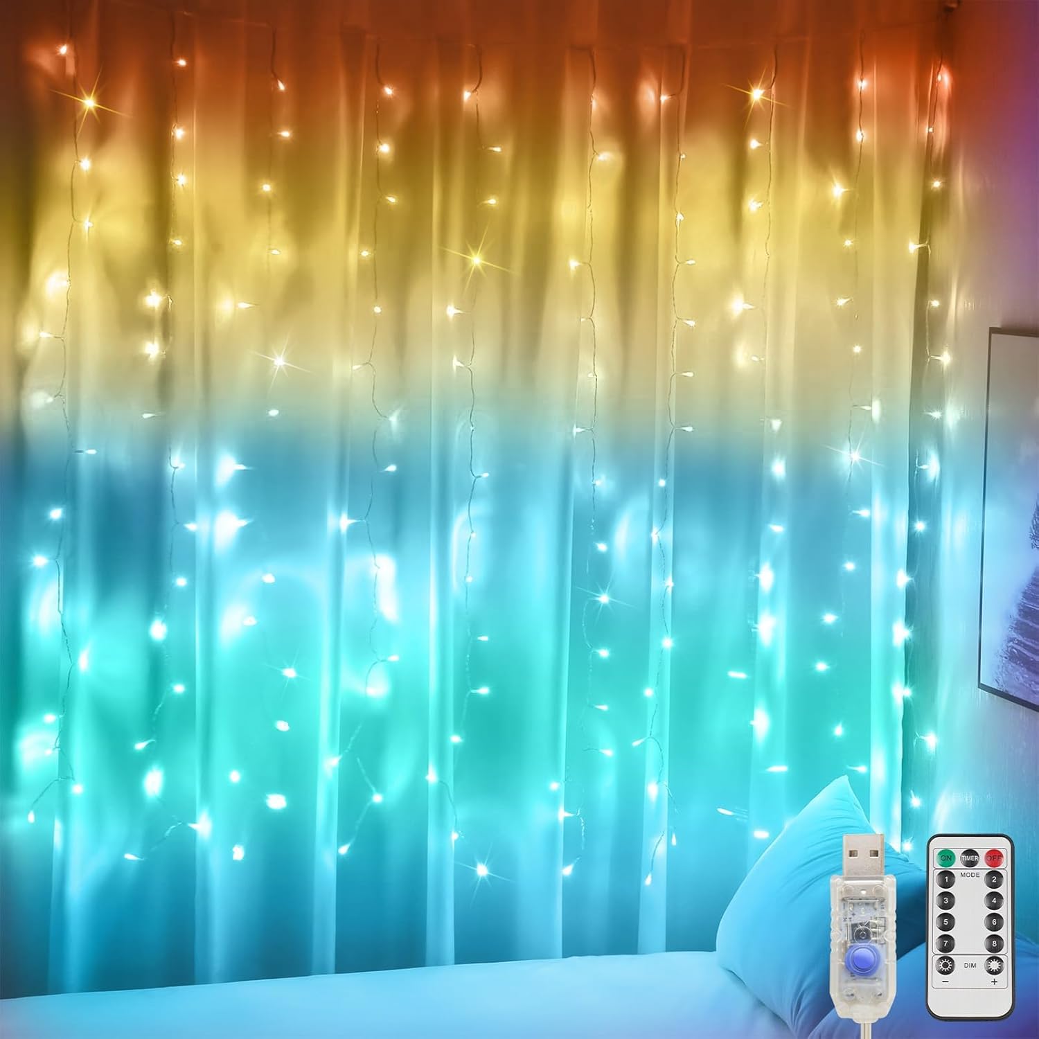 suddus Curtain Lights, 180 Led 6.5 * 5.9ft Sunset Curtain Fairy Lights USB, Hanging Lights for