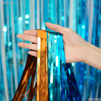 Orange Blue Party Streamers Backdrop - GREATRIL Tinsel Fringe Curtain for Blue Dogs Themed
