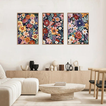 HLNIUC Boho Floral Framed Canvas Wall Art,Colorful Wildflower Landscape Wall Decor Set of