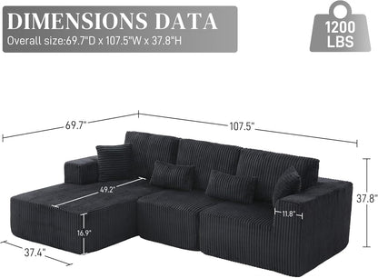 HYJT-H&K Modular Sectional Sofa Cloud Sectional Couch, 107" Comfy Fluffy L Shaped Dark Black