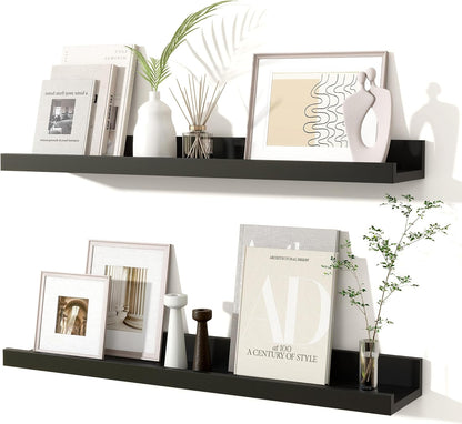 Fun Memories Picture Ledge Shelves Set of 2, 24 Inch Rustic Wall Mounted Floating Shelves with Lip