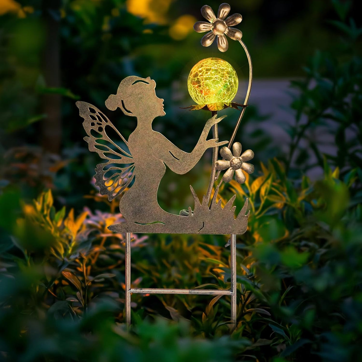 HONGLAND Solar Garden Lights Outdoor Decor, Fairy Figurine Moon Crackle Glass Lights Stake