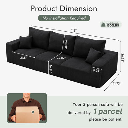 Boneless Cloud Couch Sofa for Living Room, 112" 3 Seater Black Modern Lounge Sleeper Couch, No