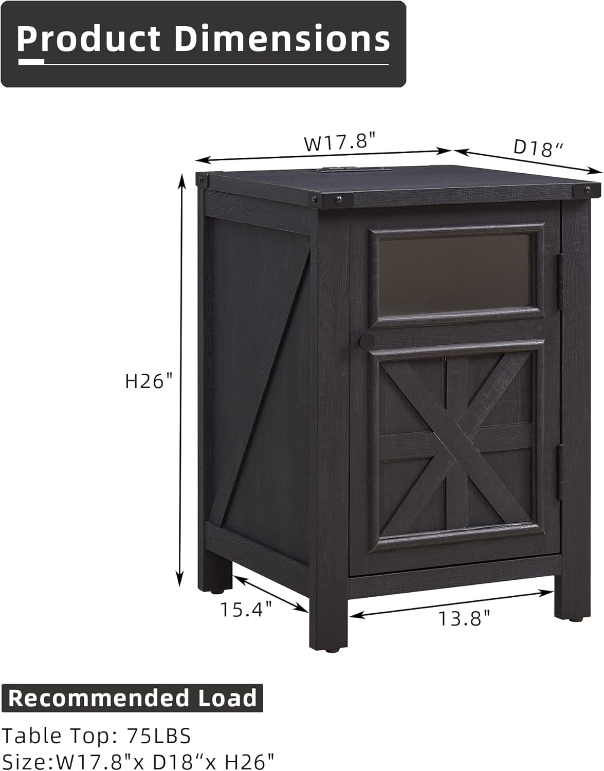 JXQTLINGMU Farmhouse End Table with Charging Station, 18'' Rustic Nightstand with Barn Door &