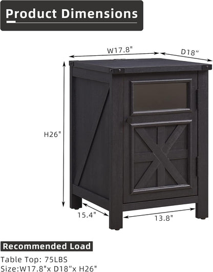 JXQTLINGMU Farmhouse End Table with Charging Station, 18'' Rustic Nightstand with Barn Door &