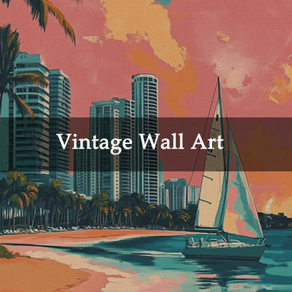 WREVERW Vintage Miami Poster Canvas Print with Wooden Hanger Frame, Featuring Palm Trees, High-Rise